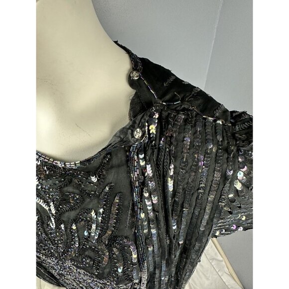 Vtg Fantasy By Lisa Kane Pure Silk Embellished Black Beaded Dress 36” Bust - Picture 8 of 16